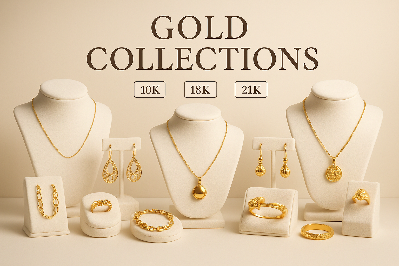CREATE A COLLECTION OF 10 KARATS, 18 KARATS AND 21 KARATS GOLD FOR WOMEN'S FASHION AND ADD A SMALL "GOLD COLLECTIONS" BANNER ON THE CENTER